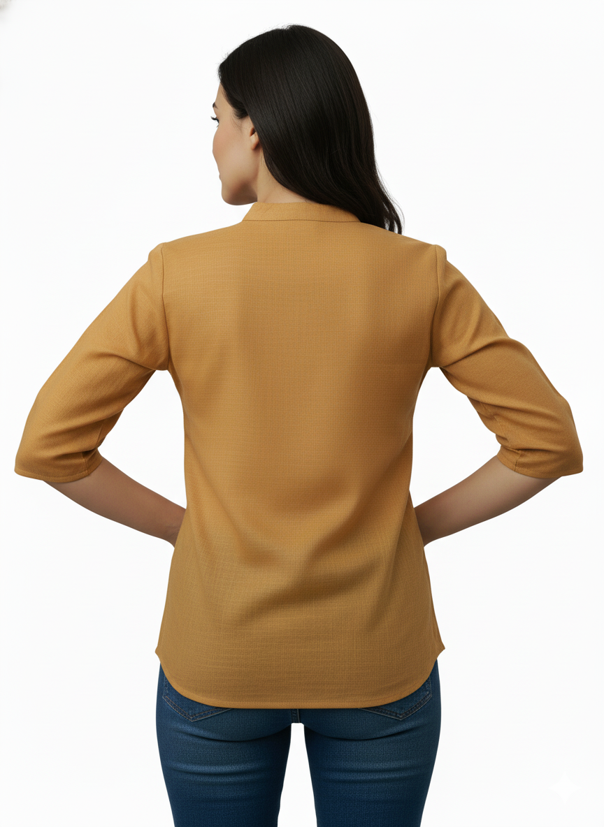 Women’s Tan Solid Cotton Kurti | Straight Fit Waist-Length Top with Mandarin Collar & 3/4 Sleeves | Casual Wear - Image 2