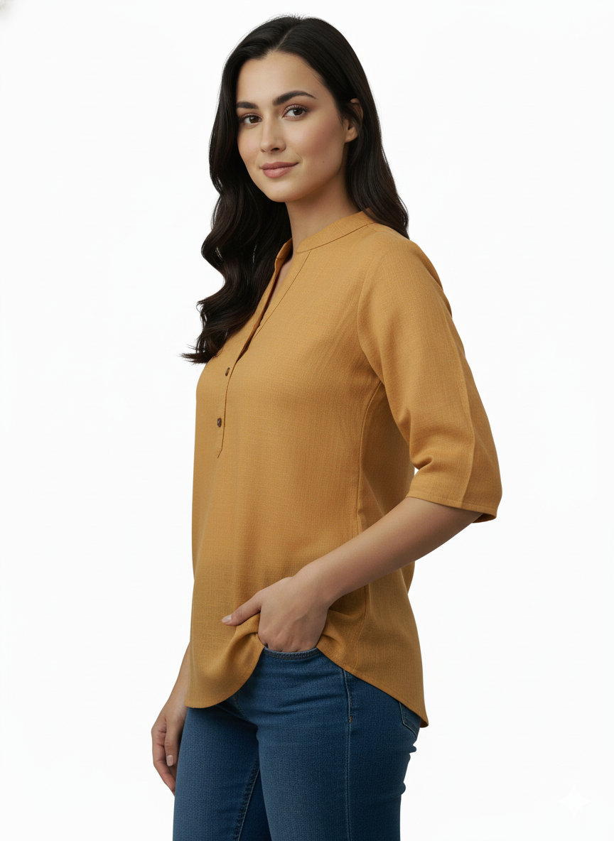 Women’s Tan Solid Cotton Kurti | Straight Fit Waist-Length Top with Mandarin Collar & 3/4 Sleeves | Casual Wear - Image 5