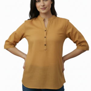 Women’s Tan Solid Cotton Kurti | Straight Fit Waist-Length Top with Mandarin Collar & 3/4 Sleeves | Casual Wear
