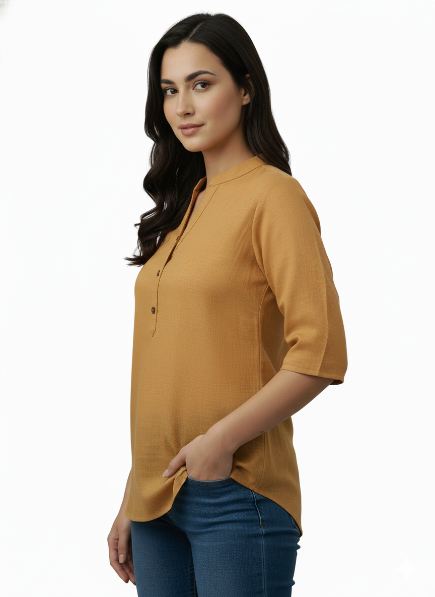 Women’s Tan Solid Cotton Kurti | Straight Fit Waist-Length Top with Mandarin Collar & 3/4 Sleeves | Casual Wear - Image 4