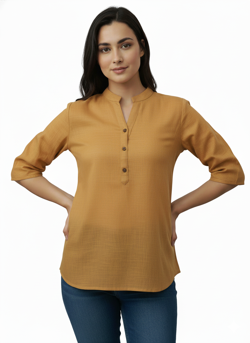 Women’s Tan Solid Cotton Kurti | Straight Fit Waist-Length Top with Mandarin Collar & 3/4 Sleeves | Casual Wear