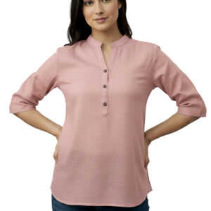 Women’s Pink Solid Cotton Kurti | Straight Fit Waist-Length Top with Mandarin Collar & 3/4 Sleeves | Casual Wear